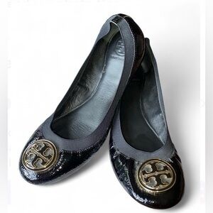 Tory Burch CAROLINE Black Patent Leather Ballet Flats w/Gold Logo | 11.5 US